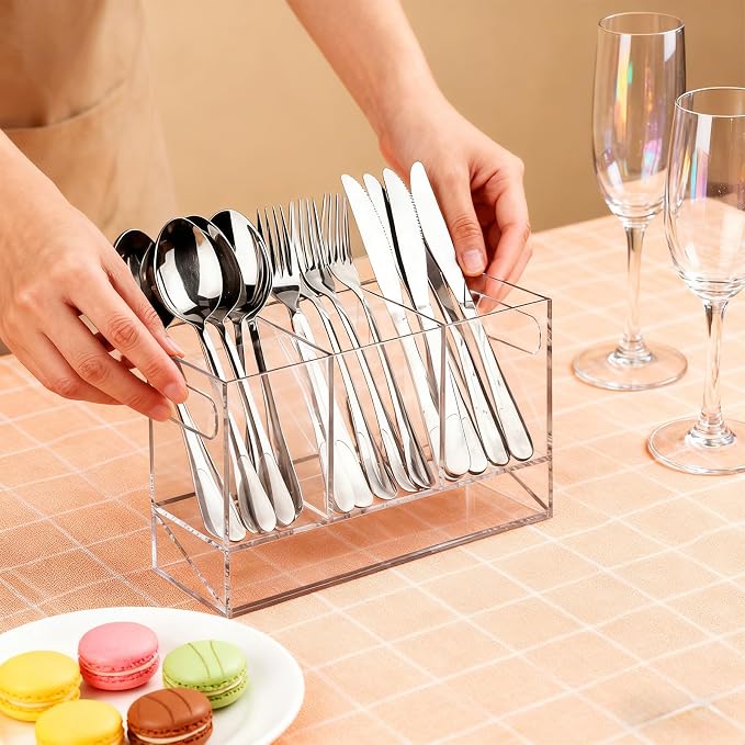 Utensil Holder, Upgrade Stainless Steel Utensil Drying Rack with Automatic Drain Tray for Kitchen Counter, Silverware Cutlery Organizer for Spoons, Forks, Knifes, Chopsticks (Clear Acrylic)