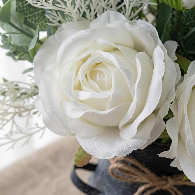 Faux Flowers in Vase 17.5" H Artificial Silk Roses Flower Fake Plants Eucalyptus Arrangement in Metal Vase Faux Silk Floral for Dining Table Centerpieces Home Office Decoration (White/Black Vase)