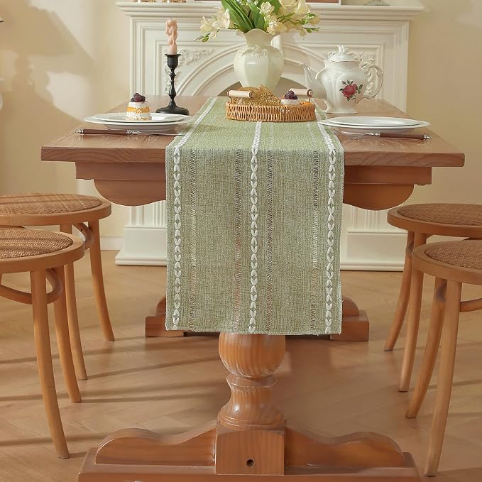 Niviy Sage Green Boho Cotton Linen Table Runner, Farmhouse Woven Table Runners Spring Holiday Kitchen Dining Table Decoration for Home Party Decor 13 x 72