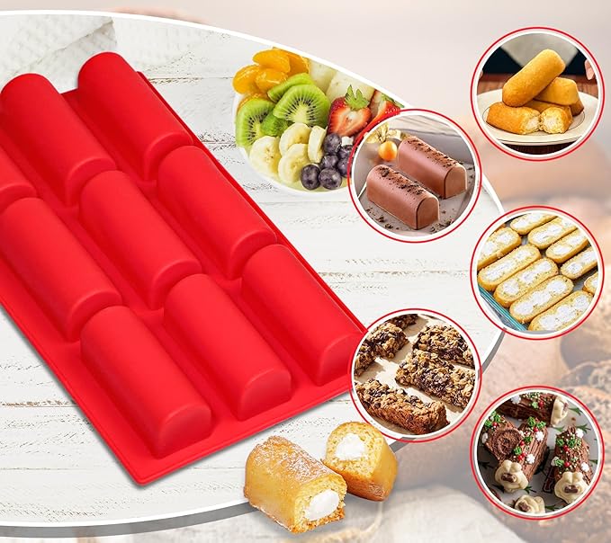 Webake Twinkie Pan Silicone Mini Log Cake Mold For 3D Cylinder Mousse, DIY Pudding Cake Molds Oblong 9 Cavity (Red)