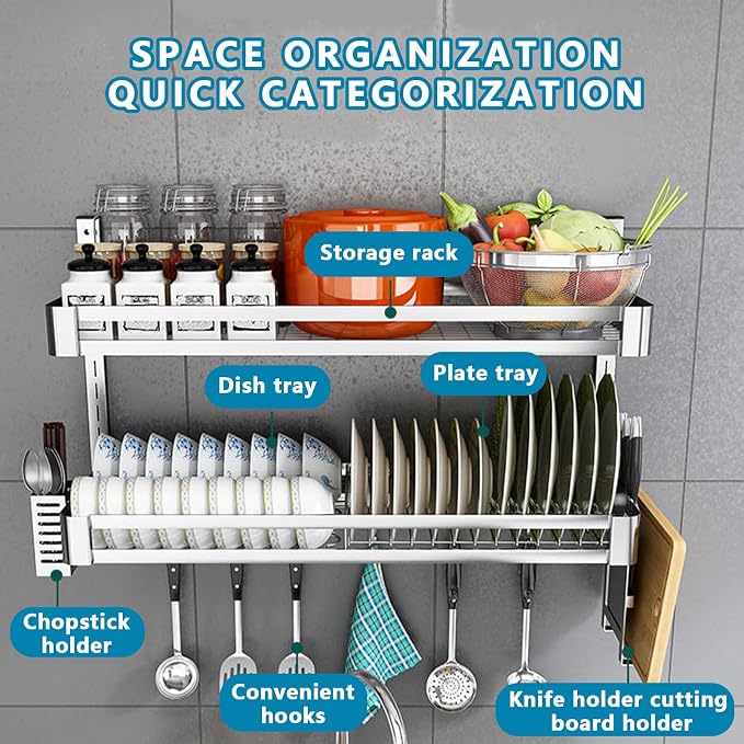 Wall Mounted Dish Drying Rack For Kitchen, 2 Tier Stainless Steel Hanging Dish Rack Over Sink With Removable Drainboard, Adjustable Height Space Saving Cutlery Organizer Holder (23.6x11.8x19.7in)