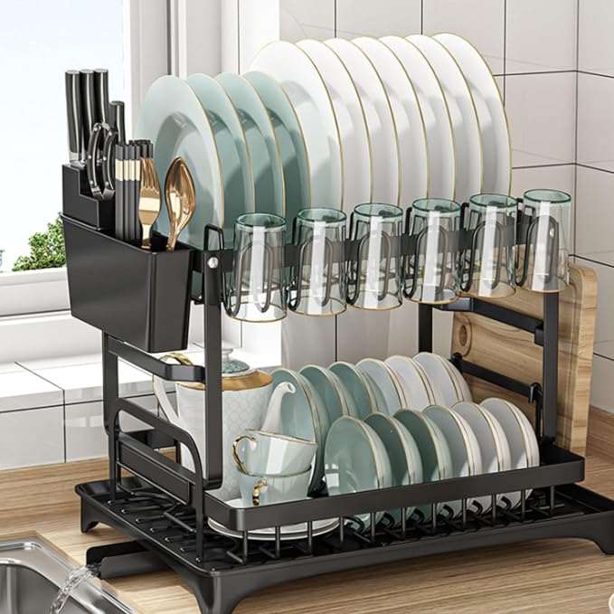 Vallary 2-Tier Dish Drying Rack with Drainboard – Rustproof Steel Kitchen Organizer with Utensil & Cup Holder, Cutting Board & Knife Stand – Space-Saving Countertop Dish Drainer (Black)