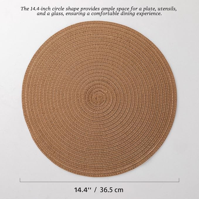 Round Placemats Set of 6 Woven Placemats Washable Braided Table Mats for Dining Table Heat Resistant Non-Slip Circle Place Mats(Brown)