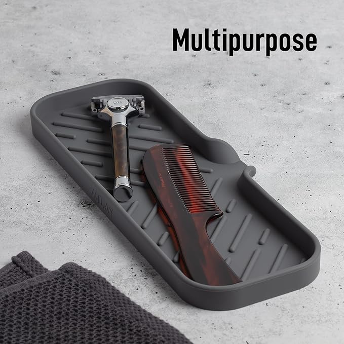 Zulay Kitchen Large Silicone Sponge Holder (12x4) – Flexible Sink Organizer Tray for Kitchen & Bathroom – Multipurpose Soap Dish for Sponges, Makeup, Trinkets & More (Grey)