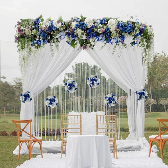 BLOSMON Fake Flowers Ball Wedding Centerpieces 2 Pcs Royal Blue Rose Babys Breath Artificial Flower Center Pieces Decoration for Table Faux Silk Floral Bouquet Arrangements for Home Party DIY Decor