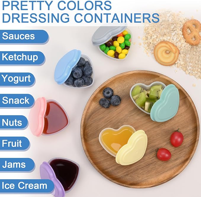 12pcs 2 oz Salad Dressing Container Heart-Shaped, Mini Condiment Containers with Leak-proof Lids for Bento Box, Reusable Plastic Food Storage Cups for Valentine's Day Party, Picnic