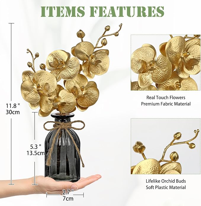 Oairse Artificial Orchids Flowers in Vase Faux Orchids Arrangement Small Gold Orchid Plant with Glass Vase Fake Flowers in Vases Phalaenopsis Orchid Centerpiece for Bathroom Bedroom Dining Room Table