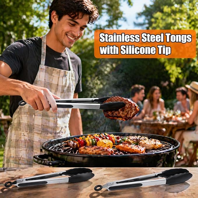 9 Piece Kitchen Tongs with Silicone Tips, 7,9,12 inch Stainless Steel Tongs for Cooking, Heat Resistant Cooking Tong, Non Stick Locking Silicone Tong for BBQ Salad Grill Frying Serving, Black