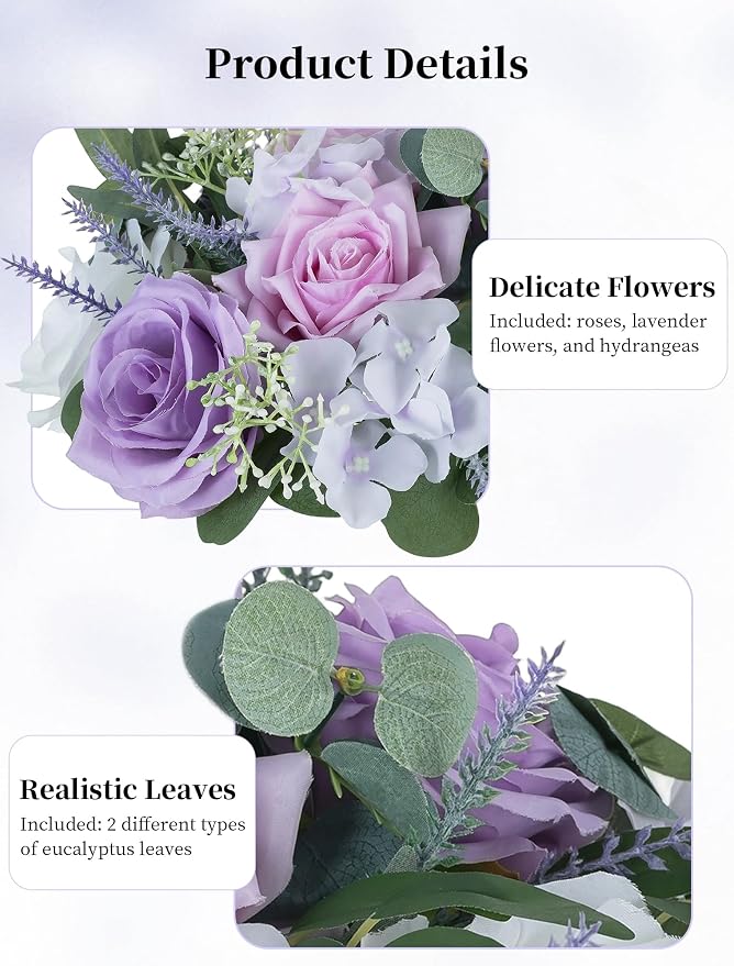 BLOSMON Purple Flowers Artificial for Decoration: 2 Pieces 9.5 Inch Fake Flower Ball Centerpieces for Home Tables - Wedding Lilac White Rose Lavender Fake Silk Kissing Floral Arrangements