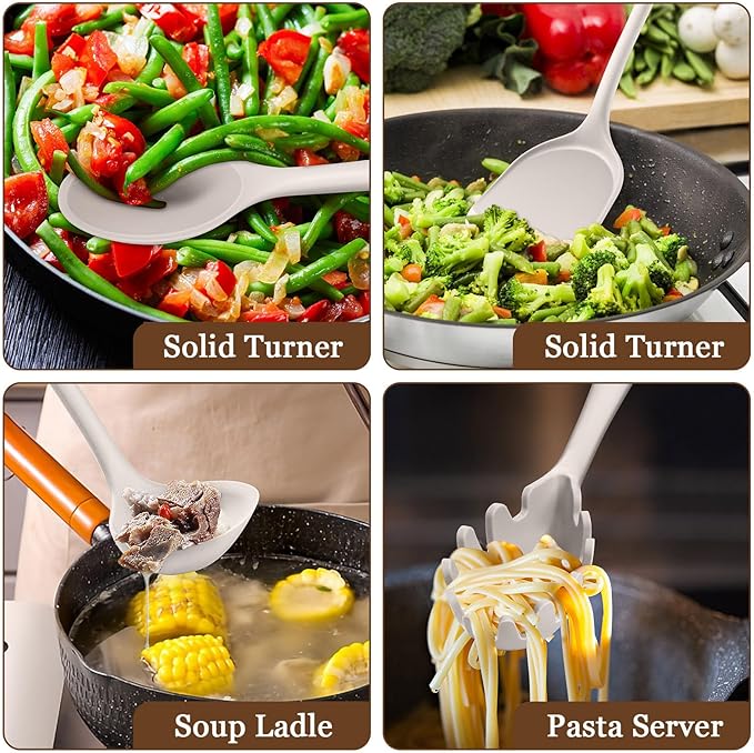 LIANYU 8Pcs Kitchen Cooking Utensils Set, Silicone Spatula Utensil Set, Heat Resistant Kitchen Tools for Nonstick Cookware, Includes Silicone Spatula, Spoon, Ladle, Turner, Dishwasher Safe, Khaki