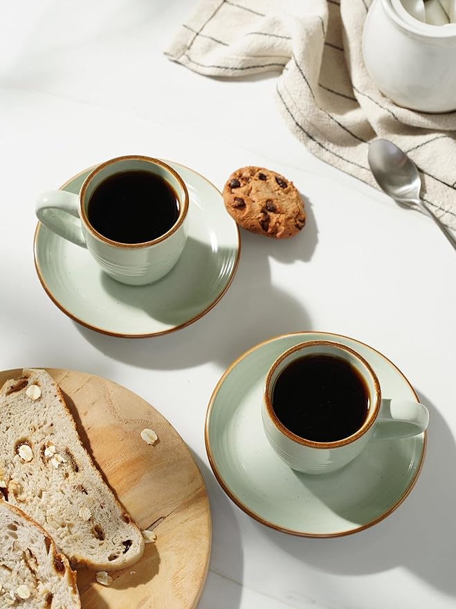famiware amiware Jupiter Espresso Cups and Saucers Set of 4, 3 oz Ceramic Small Coffee Mug with Handle, Spiral Stoneware Demitasse Cup for Tea, Latte, Cafe - Microwave & Dishwasher Safe, Light Green