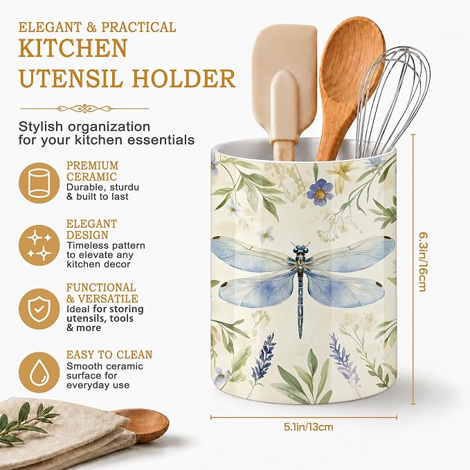 Dragonfly Utensil Holder for Countertop,Flower Plant Retro Ceramic Utensil Crock Organizer for Home Kitchen Spoons,Spatulas and Cooking Tools