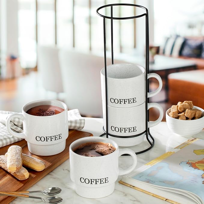 Signature Housewares Stackable Coffee Mug Tower Set with Metal Wire Rack - 15 Ounce for Tea, Cocoa, Milk, Cappuccino, Hot Chocolate Set of 4 - White Coffee (Pack of 4)