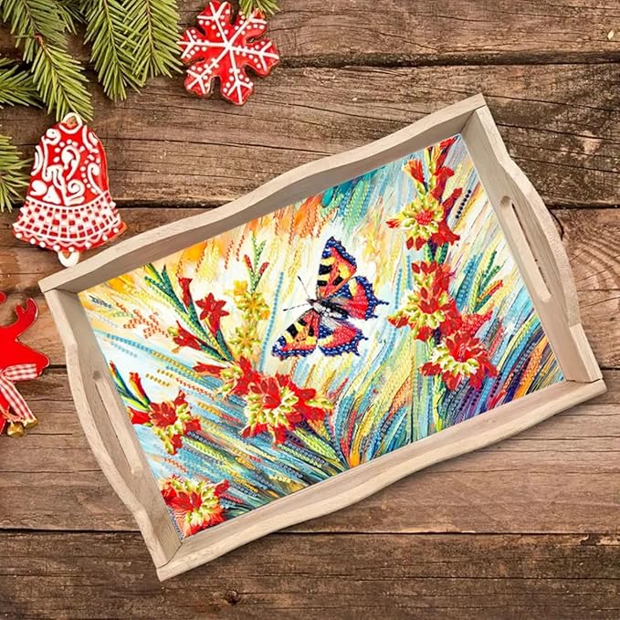 DIY Diamond Serving Tray Rectangular Wooden Breakfast Tray with Handle Handmade Diamond Art Painting Spring Creative Dinner Plate Coffee Room Living Home Organizer-Butterfly