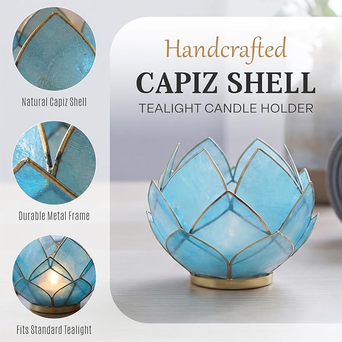 Bowery Hill Handcrafted Capiz Shell Tea Light Holder, Aquamarine Blue, Lotus Flower Design, Translucent Finish, Decorative Candle Holder for Centerpieces, Bathrooms, Meditation Spaces