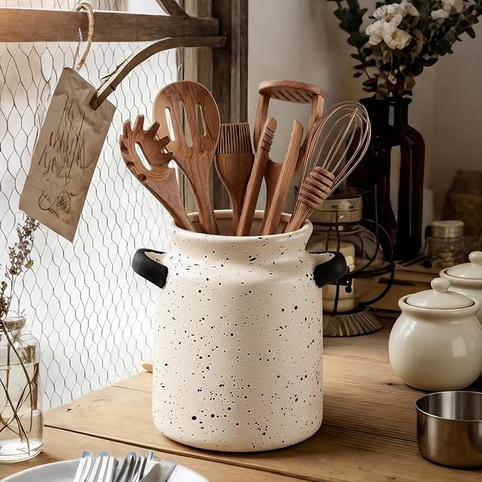 Qinyoung Rustic Kitchen Utensil Holder 6 Inch Small Ceramic Utensil Holder with Handle Vintage Crock Decoration Spatula Organizer for Kitchen Countertop Farmhouse Party Supplies (Beige,Speckled)
