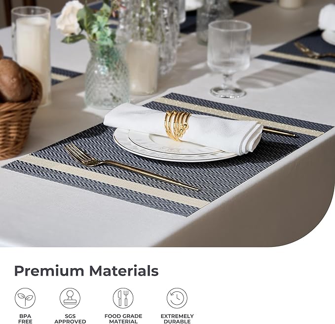 Leetaltree Dark Blue Vinyl Woven Placemats Set of 4 - Washable Dining Table Place Mats Striped, Suitable for Wedding, Anniversary, Daily Use