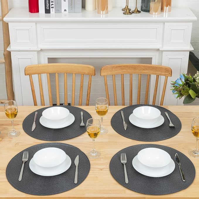 Winknowl Round Braided Placemats Set of 8 Washable Woven Heat Resistant Table Mats for Kitchen Dining Tables 15 inch Round Place Mats (Dark Gray,8pcs)