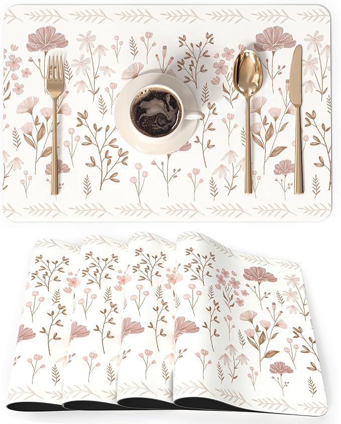 QIYI Placemats Set of 4, 12x18 Inch Faux Leather Place Mats for Kitchen Dinning, Heat Resistant Anti Slip Floral Table Mats, Waterproof Wipeable Washable Placemat Party Beige Table Décor, Pink Flowers