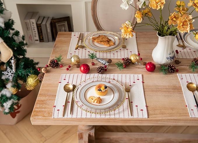 Valentines Placemats Set of 4 for Dining Valentine's Day Decorations, Woven Cloth Red Place Mats for Farmhouse Kitchen Tabletop, Handcrafted Machine Washable Cotton Table mats 13 x 19 Inch