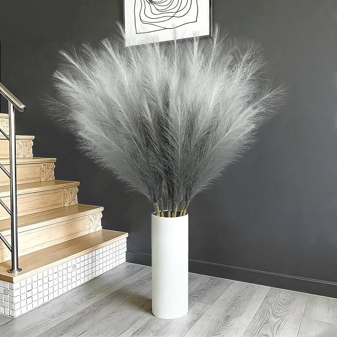 TORONTOKYO 8Pcs Grey Faux Pampas Grass Tall Decor, 35.4” Fluffy Artificial Pompous Grass Branches, Large Pampas Grass Reed Stems for Floor Vase Filler, Wedding, Baby Shower, Home and Boho Decor