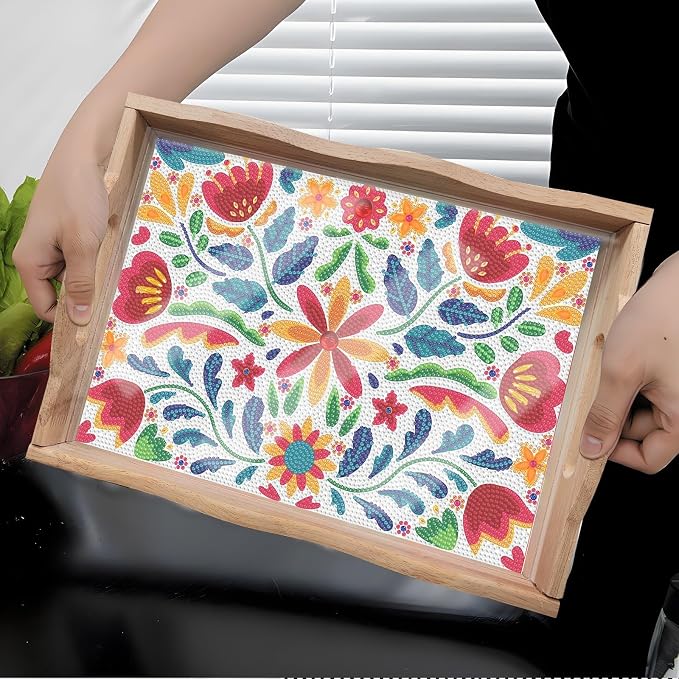 Generic 2Pcs DIY Diamond Serving Tray Rectangular Upgrade Increase Breakfast Tray with Handles Handmade Diamond Art Painting Wooden Tray Dinner Plate for Coffee Living Room Home Organizer-03