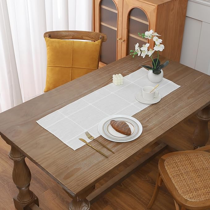Gernaice Boho Table Runner, Modern Plaid Cotton Linen Farmhouse Table Runners for Dresser End Coffee Table Home Decor, 24" L X 13" W White