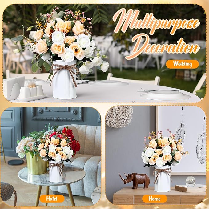 Domensi 6 Sets Wedding Centerpiece for Table Artificial Rose with Vase Fake Bouquets and Metal Pot Flower Arrangements for Bridal Shower Birthday Party Event Table Decor (Champagne)