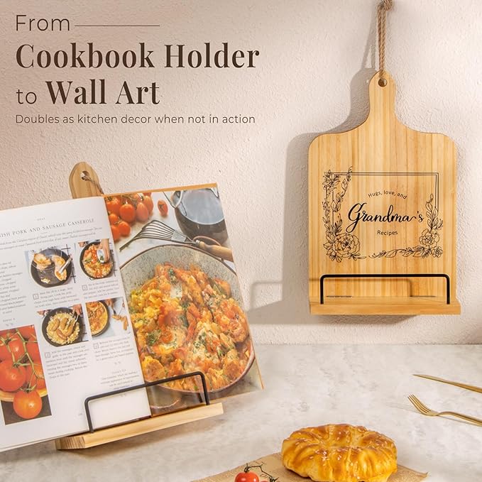 PUERSI Cookbook Stand, Kitchen Gifts for Grandma on Mothers Day, Wooden Recipe Book Holder, Grandmother Mothers Day Gift, Adjustable Cook Book Stand for Kitchen Counter