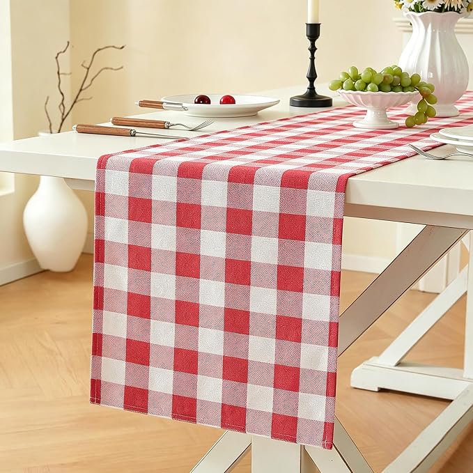 Laolitou Red Checkered Table Runner, Cotton Linen Gingham Table Runners, Classic Buffalo Plaid Farmhouse Table Decor, 13x72 Inches