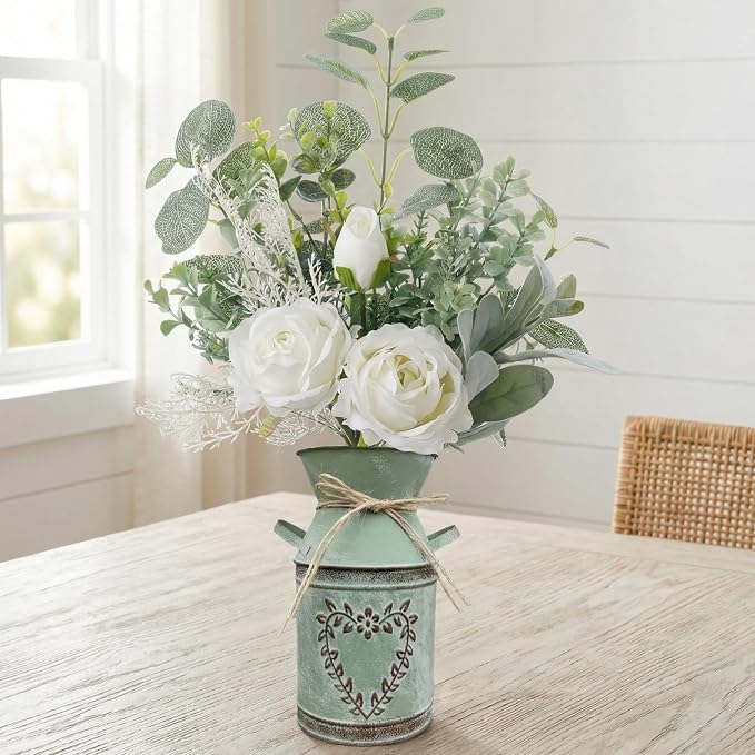 Faux Flowers in Vase 17.5" H Artificial Silk Roses Flower Fake Plants Eucalyptus Arrangement in Metal Vase Faux Silk Floral for Dining Table Centerpieces Home Office Decoration (White/Green Vase)