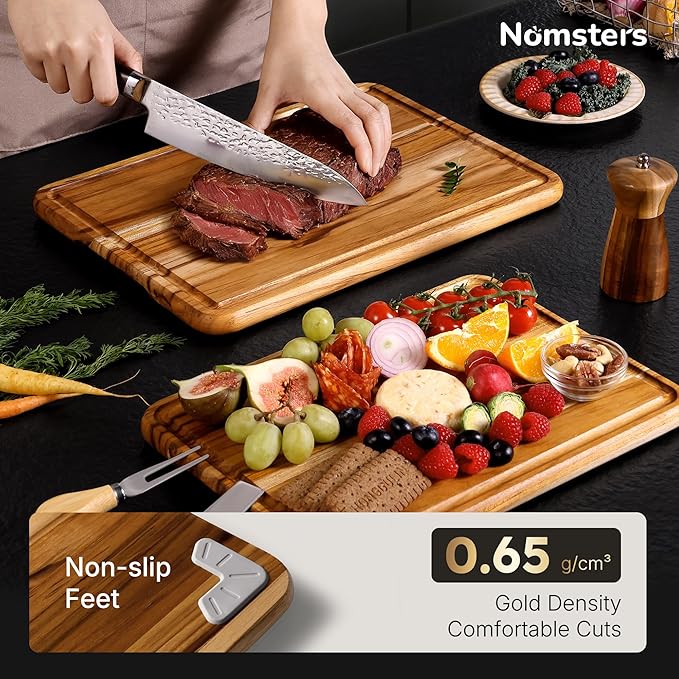 2 Pack Teak Wood Cutting Board for Kitchen Book Wooden Chopping Board Charcuterie Board Non Slip Over Sink Teak Wood NOT Bamboo Acacia Olive