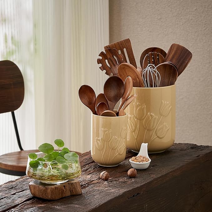 Tulips Beige Ceramic Utensil Holder Set, Large Kitchen Utensil Crocks – Modern Countertop Organizer for Cooking Utensils, Spatula, Spoons | Practical Kitchen Counter Decor