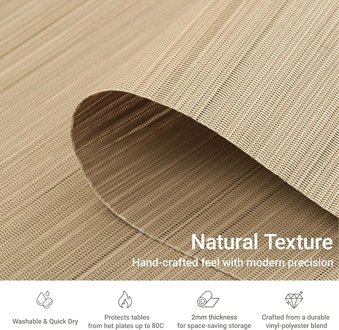 AHHFSMEI Placemats Set of 6 Woven Vinyl Non-Slip Heat Resistant Stain Resistant Easy Clean Place mats for Dining Table(Light Brown)
