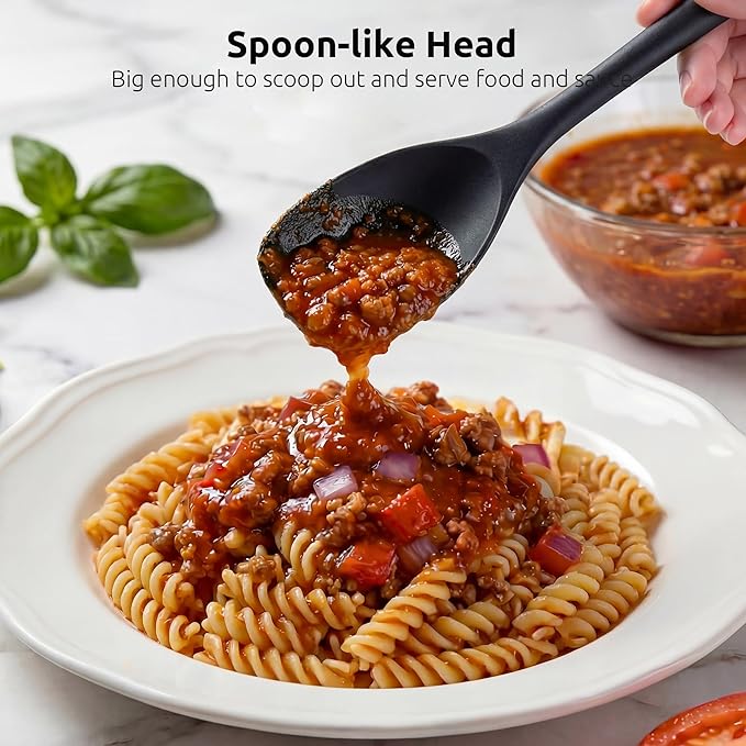 600ºF Heat Resistant Spatula Spoon: U-Taste Flexible Silicone Cooking Scoop Spoonula, Serving Mixing Scraping Food in Non-Stick Pan Cookware, Seamless Multifunctional Kitchen Utensil (Black)