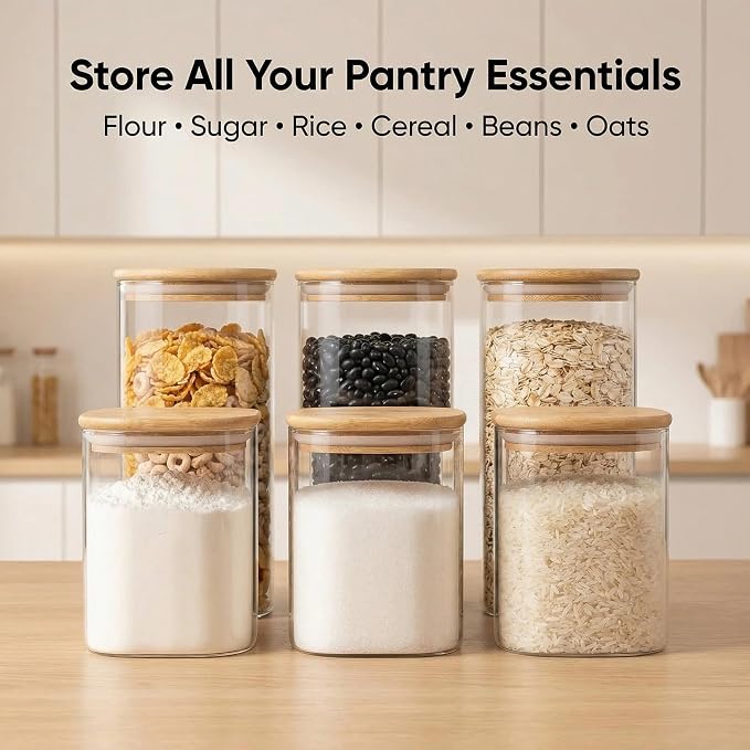 Airtight Glass Storage Containers with Lids Set of 6, 25 /37 /50oz Square Glass Jars with Bamboo Lids, Kitchen Canister Set for Pantry Organization Food Storage for Flour Sugar Rice Pasta Cereal