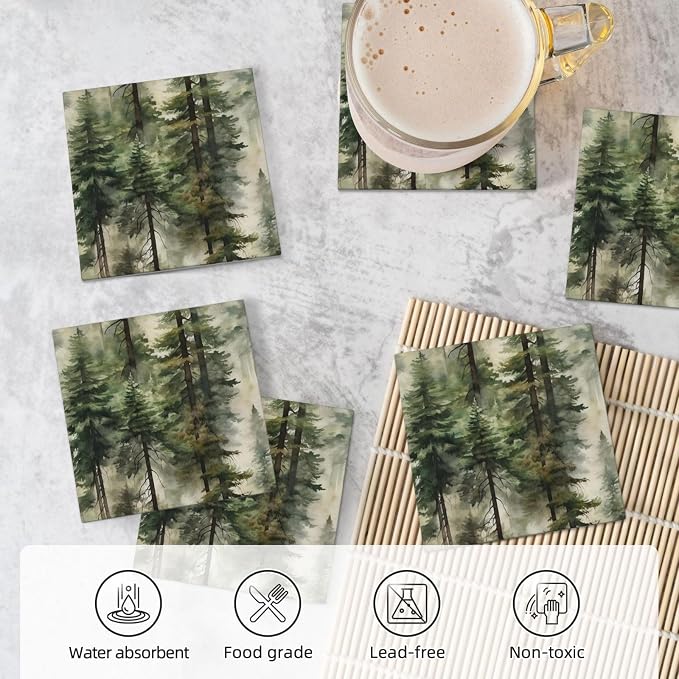Misty Pine Tree Square Ceramic Coasters Set of 6 Pack, Mountain Green Forest Landscape Foggy Botany Stone Drink Coaster with Cup Holder Anti-Scratc Cork Backing Bar Kitchen Home Housewarming Gift