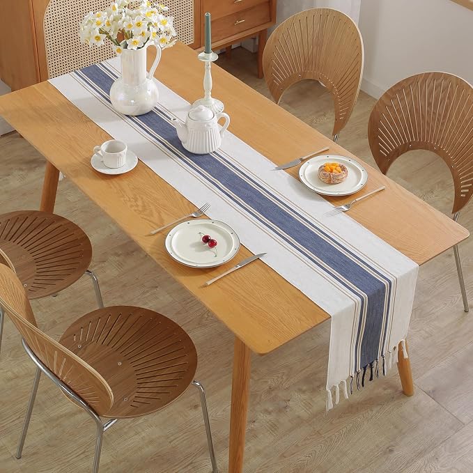 Niviy Blue Table Runner 48 Inches Long with Tassels, Seasonal Summer Washable Embroidered Striped Braided Blue and White Boho Table Runners for Holiday Party 12 x 48 Inches