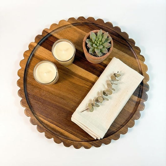 Wooden Decorative Tray,11.6 Inch Round Acacia Scalloped Tray for Coffee Table Decor,Bandeja de Madera para Decoración for Kitchen, Dining Room, Living Room and Home Decor