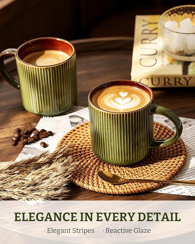 famiware Coffee Mug Set for 6, Star 12 oz Catering Mugs Cup Set with Handle for Coffee, Tea, Cocoa, Milk - Ceramic Stoneware Drinkware Set, Moss Cocoa