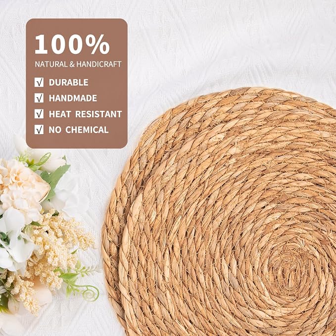 Round Woven Placemats Set of 6, 13 Inch Boho Rattan Placemats, Rattan Chargers for Dinner Plates Natural Farmhouse Rustic Wicker Placemat for Dining Table Decor