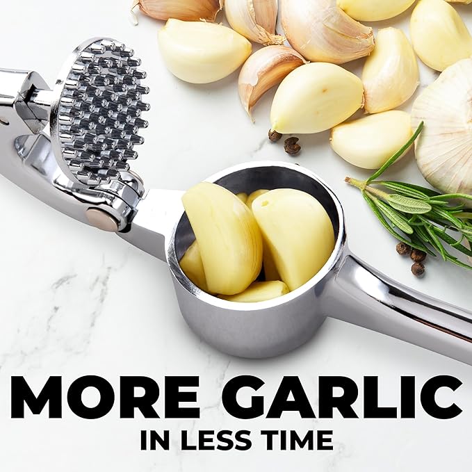Zulay Kitchen Large Premium Garlic Press Set - Bigger Bowl for Bigger Garlic - Rust Proof Garlic Mincer Tool - Easy-Squeeze, Easy-Clean Silicone Garlic Peeler & Brush (Chrome)