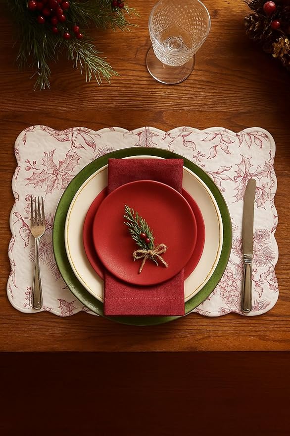 C&F Home Red Cardinal & Winter Branches Vintage Quilted 100% Cotton Set of 6 Rectangle Placemats 13" x 19" Christmas Xmas Festive Winter Holidays Home Kitchen Tabletop Machine Wash Decor Reversible