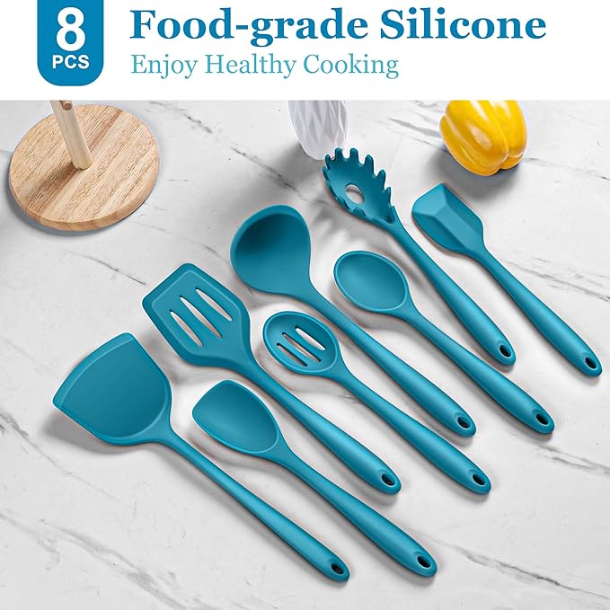 LIANYU 8Pcs Kitchen Utensils Set, Heat Resistant Spatula Set, Cooking Tools Gadgets for Nonstick Cookware, Includes Silicone Spatula, Ladle, Spoon Turner, Dishwasher Safe, Blue
