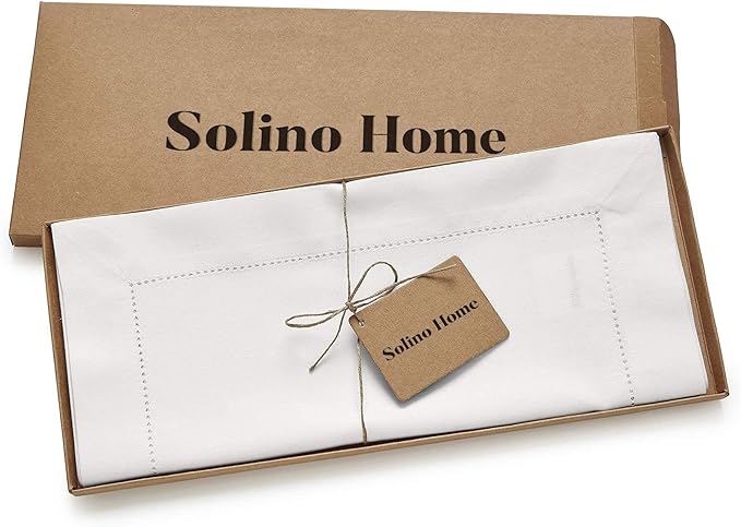Solino Home White Table Runner 48 Inches - Cotton Linen Hemstitch Coffee Table Runner 14 x 48 Inch Ideal for Dresser Tables - Spring, Summer, 4th of July