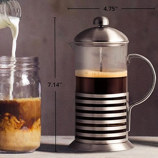 OVENTE French Press Coffee Maker 12 Ounce with Heat Resistant Borosilicate Glass, Stainless Steel Design and 4-Level Filter System, Portable Cold Brewer Pot for Travel, Camping or Gift, Silver FSH12S
