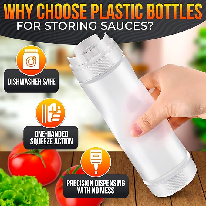 Set of 3 Inverted Condiment Squeeze Bottles 16 oz – Leakproof Clear Sauce Bottles Squeeze with Self-Closing Valve and Sealing Gaskets – Easy-Fill for Ketchup, Mustard, BBQ, Dressings | Kitchen Use