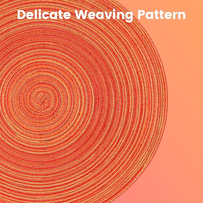 15'' Round Woven Placemats Set of 6, Natural Heat Resistant Washable Non-Slip Woven Table Mats -Orange