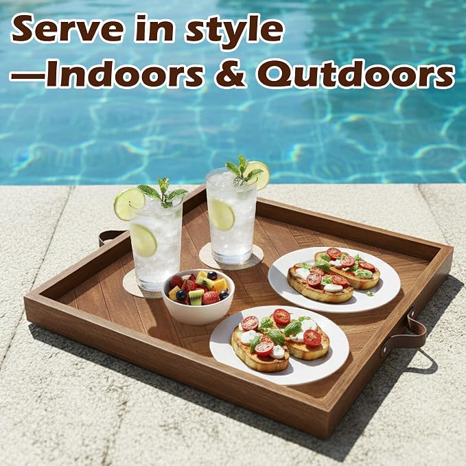 Large Square Ottoman Tray 24.5"x24.5", Wooden Ottoman Trays with Leather Handles, Rustic Decorative Storage Tray for Ottoman