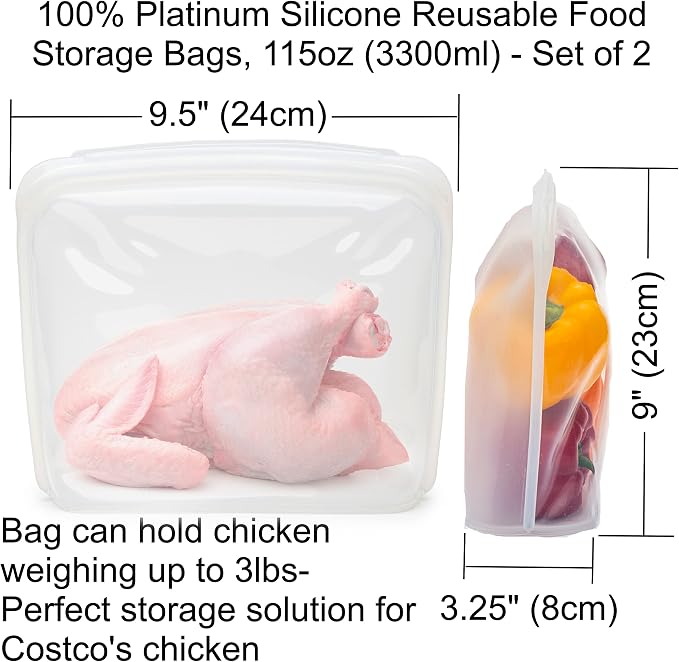 Elkanah Extra Large 116fl oz Silicone Bags Reusable Freezer Bags Silicone Gallon Bag Food Storage Bag|Oven Bags|Sous Vide|Microwave|Oven|Dishwasher safe | 116fl oz